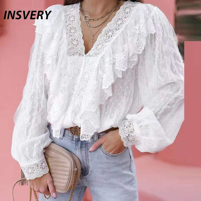 Autumn Women Long Sleeve Lace Blouses White V Neck Sexy Shirts For Women Elegant Ruffle Design Blouses Spring