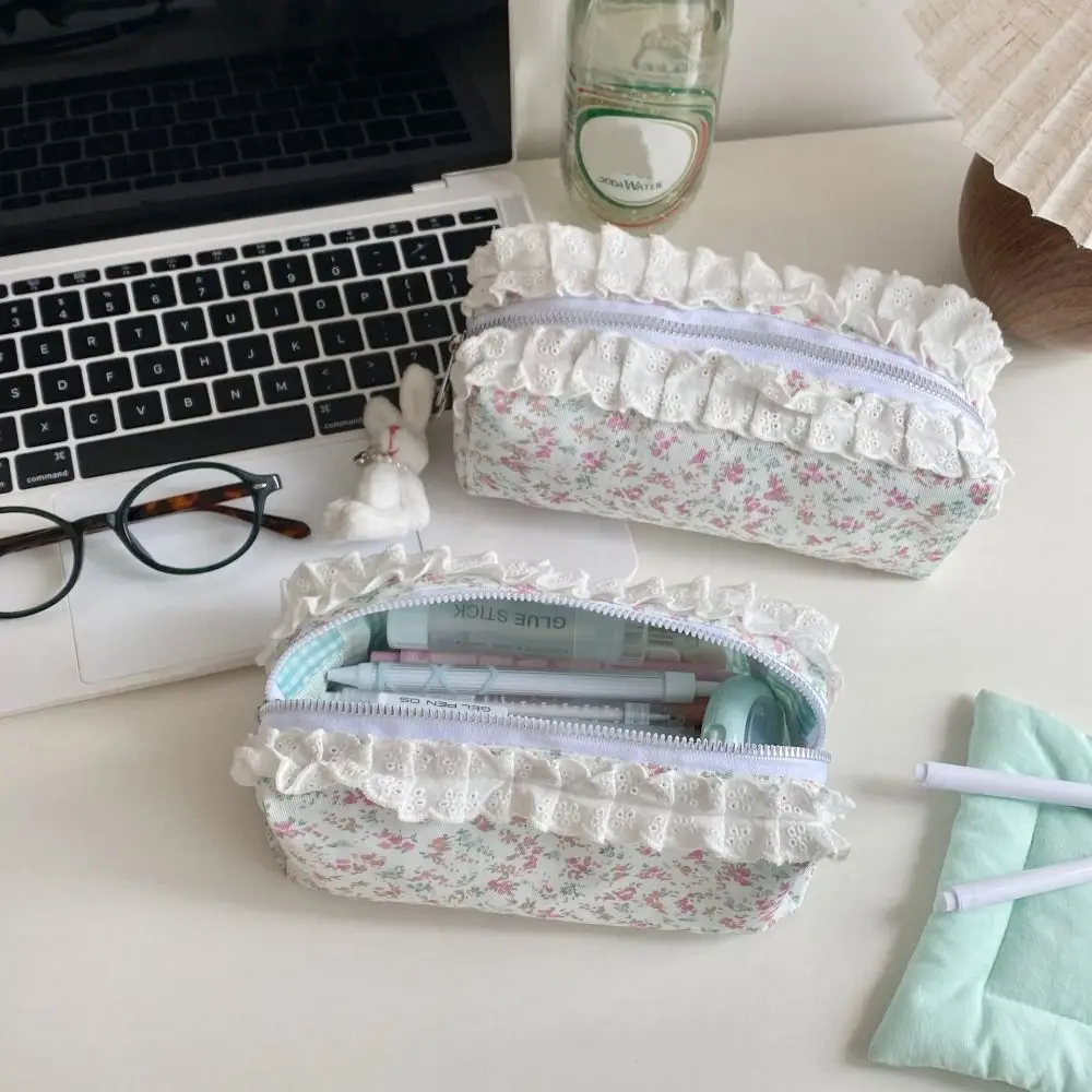 Smooth Zipper Floral Stationery Pouch Large Capacity Educational Lace Trim Pencil Case Cosmetic Bag Flower Pattern