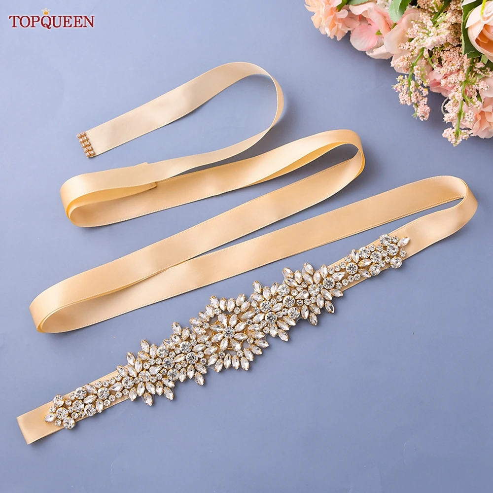 TOPQUEEN Women's Wedding Gold Belt Bridal Accessories Gold Rhinestone Applique Sash Morocco Wedding Bridesmaid Sash S319-G