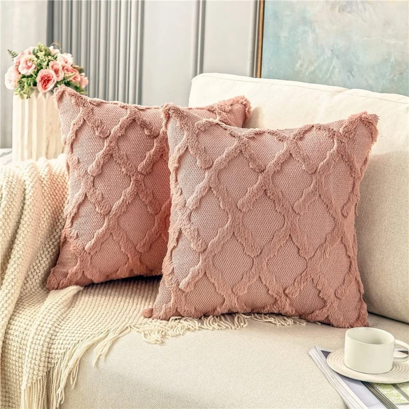 Inyahome Pack of 2 Soft Plush Short Faux Wool Velvet Decorative Throw Pillow Covers Luxury Square Pillowcases Boho Cushion Cover