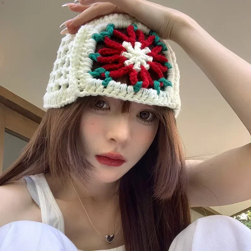 

Women's Spring Autumn Vintage Versatile Hollow Out Sweet Collision Color Crochet Cap Basin Hat Handmade Knitted Hat