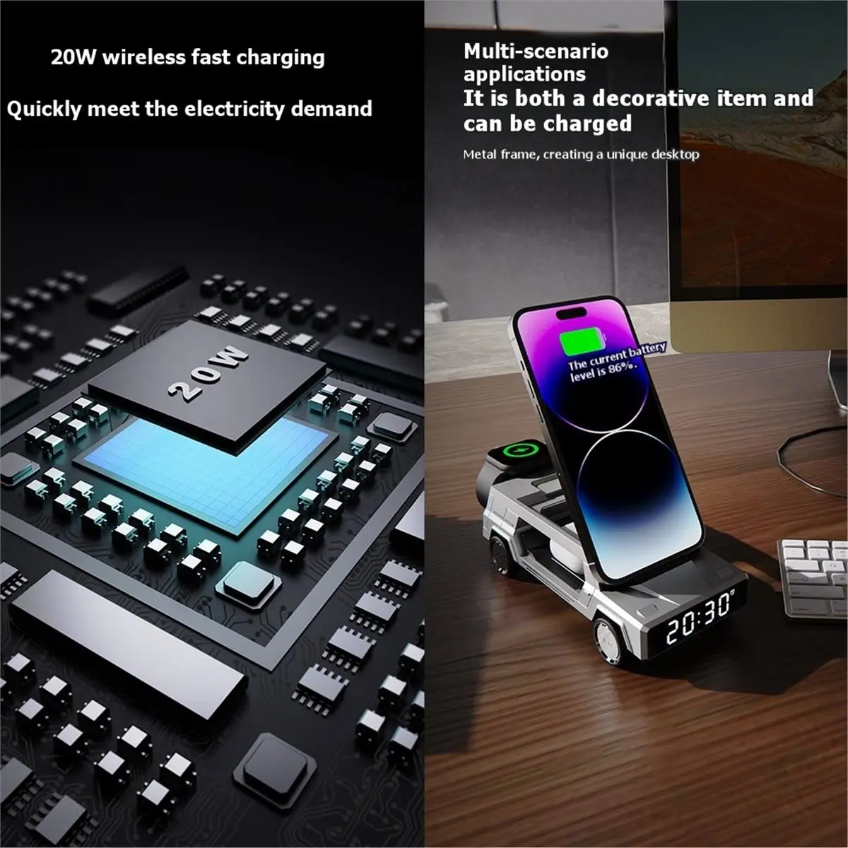 Y494A*☀▃Wireless Car Charger with Clock Fast Charging Dock for Zinc Alloy Dashboard Stand A