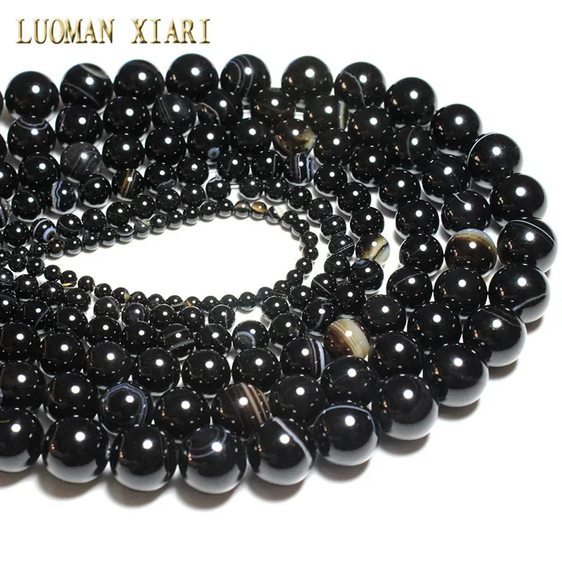 Wholesale Natural Black Stripes Agates Stone Beads For Jewelry Making DIY Bracelet Necklace 4/6/8/10/12 /14 mm Strand 15\'\'