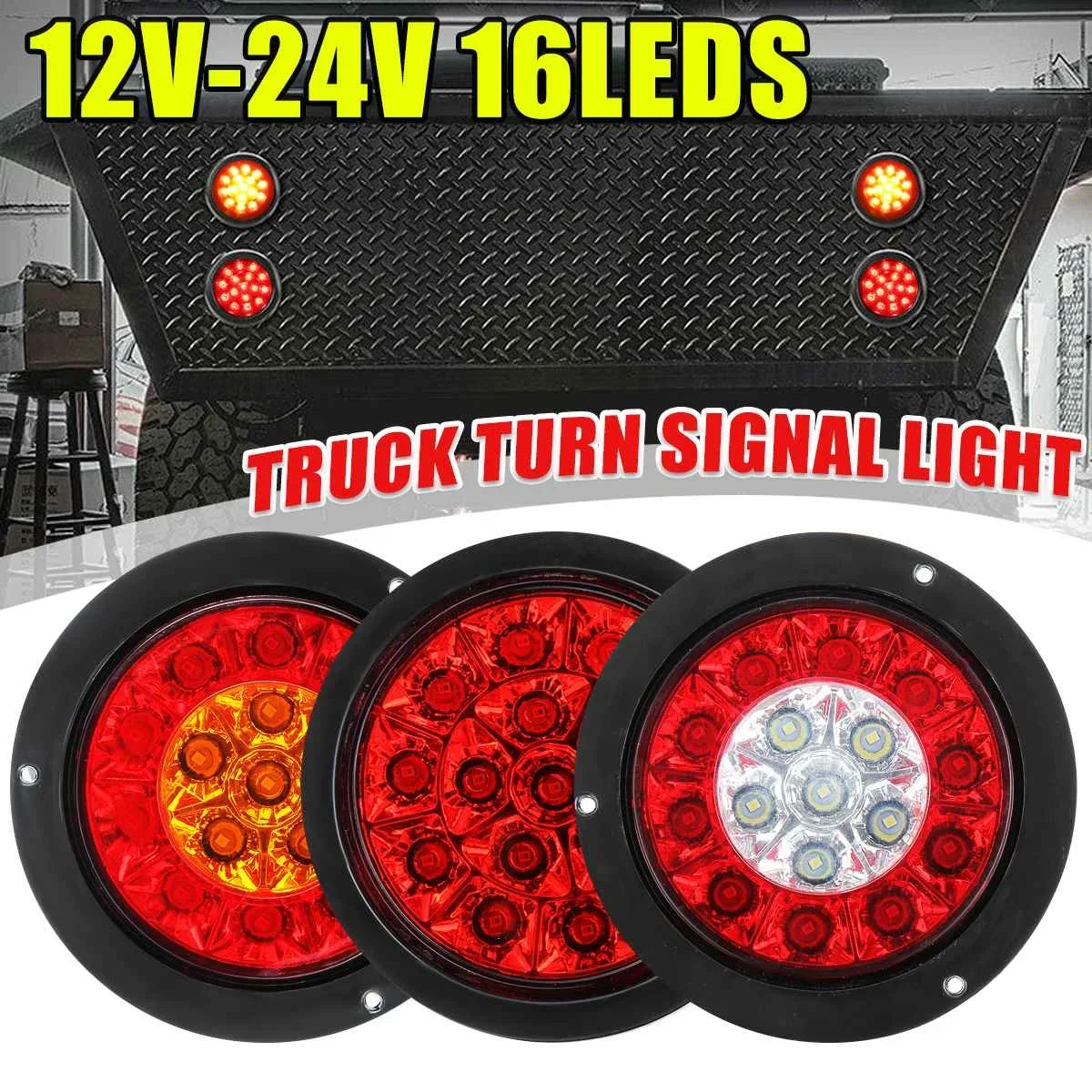 2pcs 16 LEDs 12V 24V Car Turn Signal Light Round Rear Brake Lamps Tail Stop Lamp for Truck Trailer RV Caravan Lorry Tractor