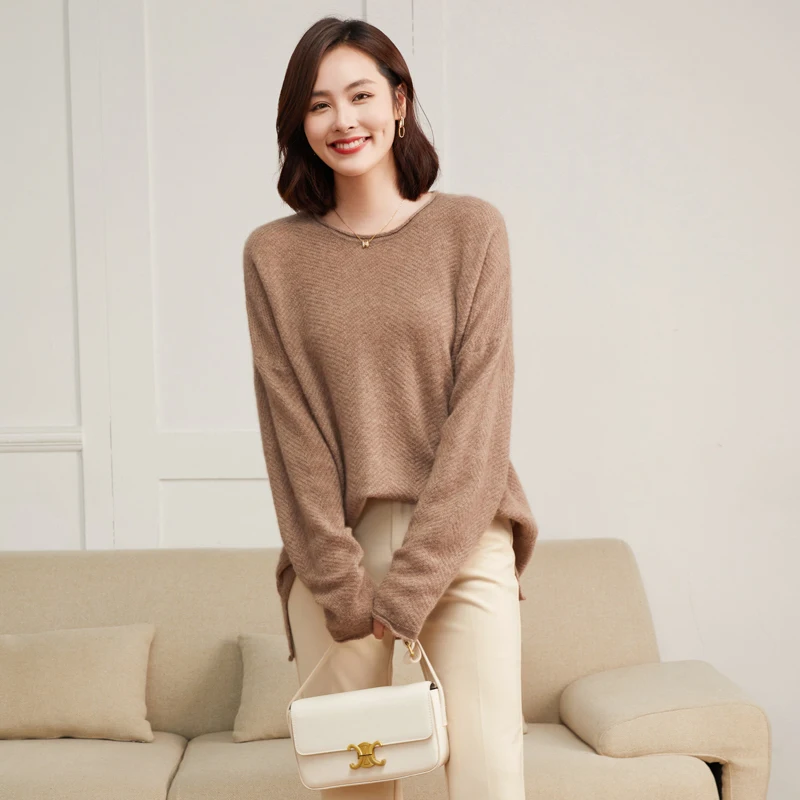 Rolled-Edge Round-Neck 100% Cashmere Knit Sweater For Women Long Sleeve Pineapple Pattern Loose Sweater Comfortable Base Shirt