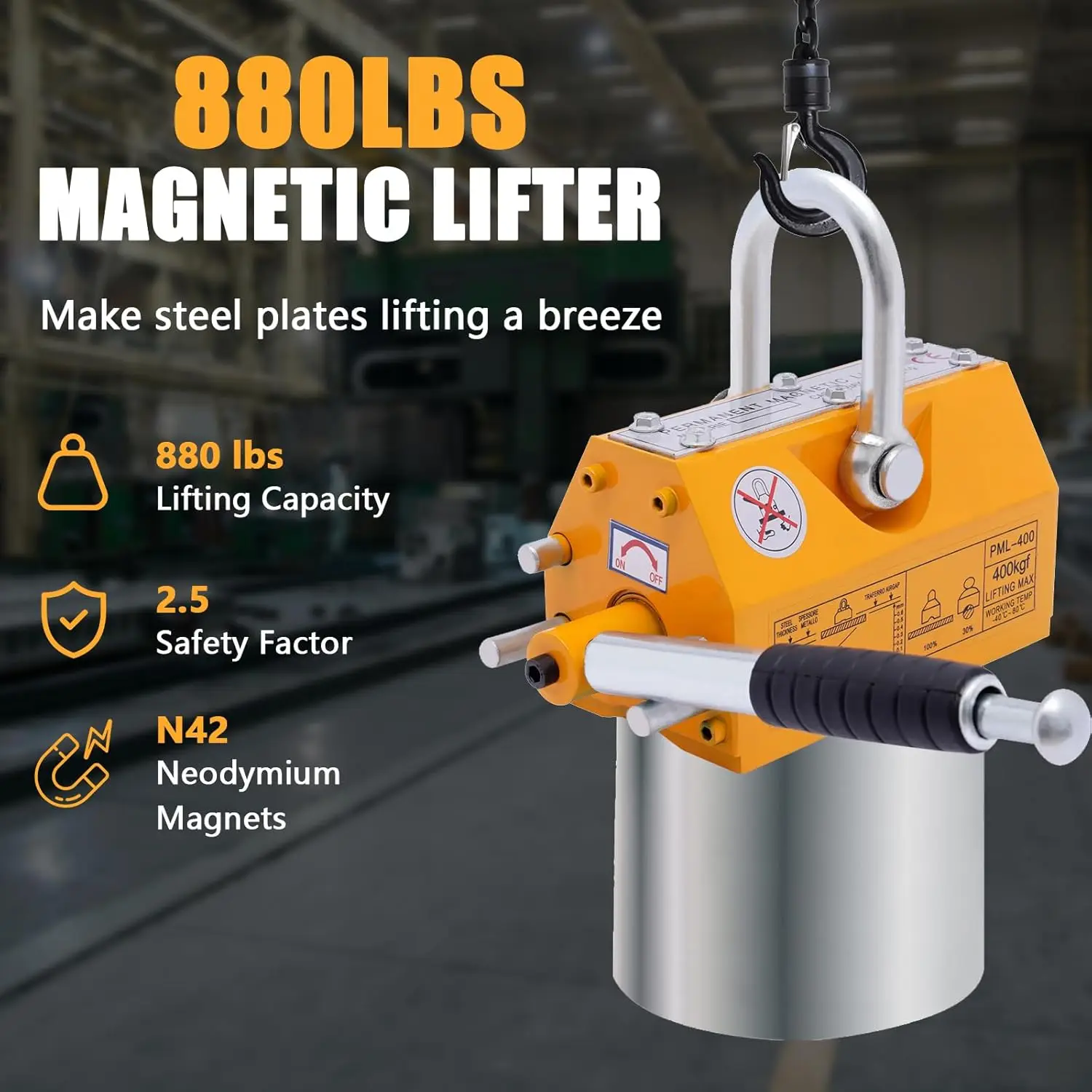 Magnetic Lifter 880 lbs/400 kg Lifting Capacity Lifting Magnet with Release Permanent Lift Magnets Magnet for Hoist