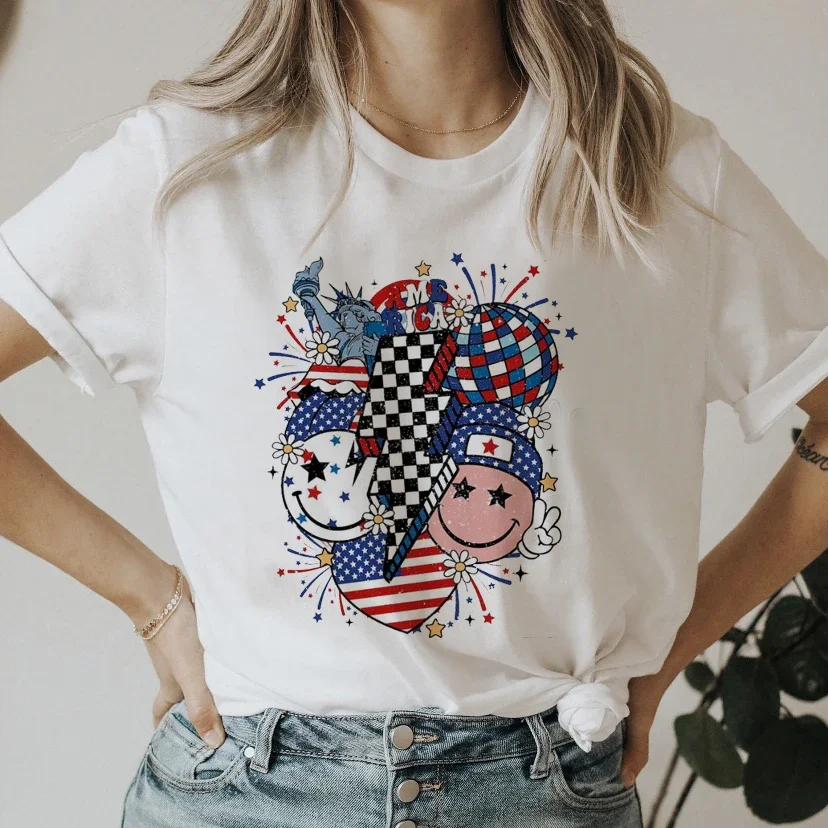 

America T-Shirt Women Summer Loose Fashion Vintage 4th of July T Shirt Independence day Cute Graphic Tees Hippie Tshirts Retro