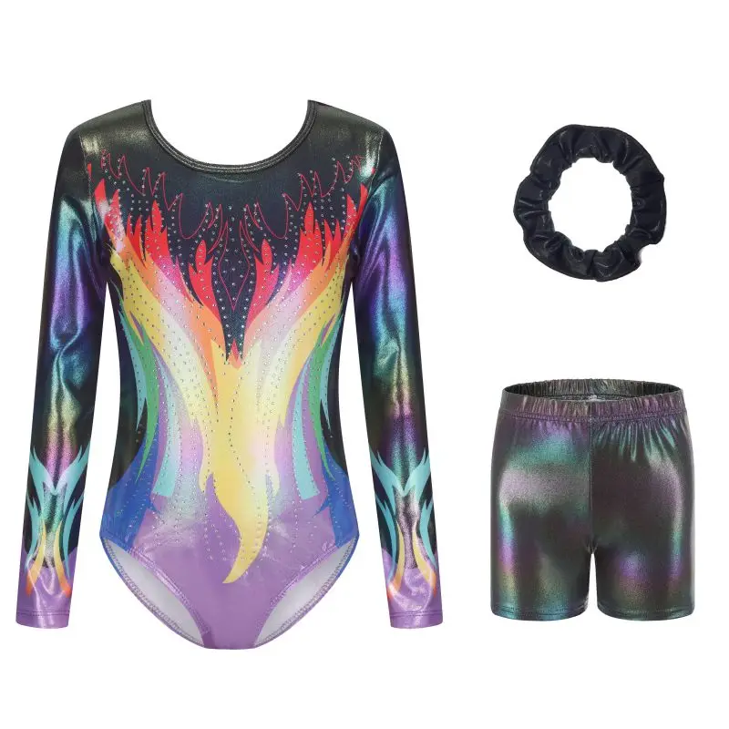 Children Girls Long Sleeve Gymnastics Leotard Set with Shorts Hairband Shiny Faux Diamonds Ballerina Dance Costume 6-12 Years