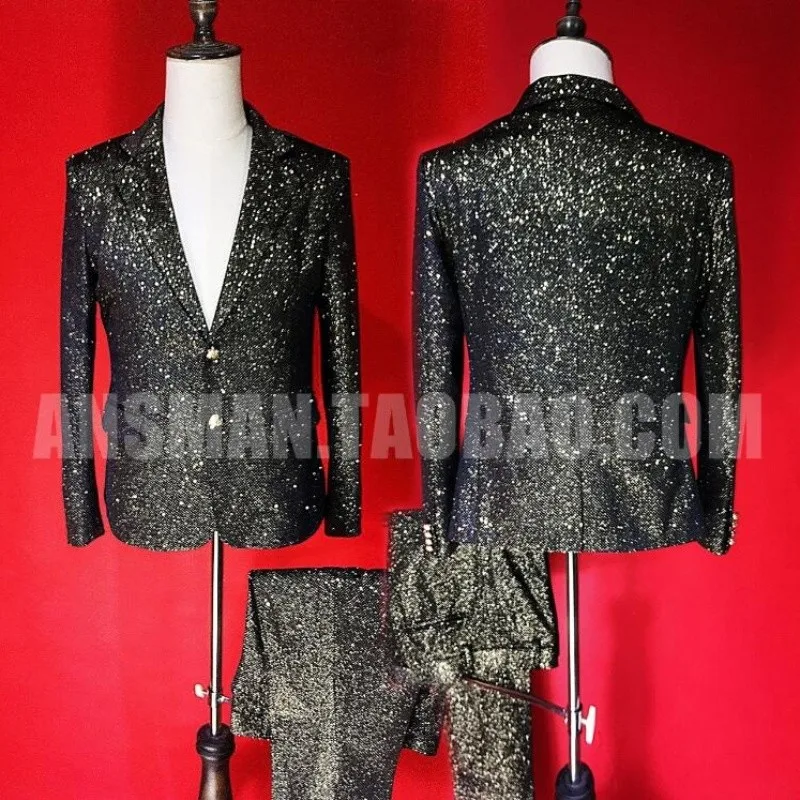 한국 신상 재킷 남성 웨딩 정장 나이트클럽 바 남성 가수 플래시 블랙 골드 블레이저 수트 무대 의상 슬림핏 남성 바지