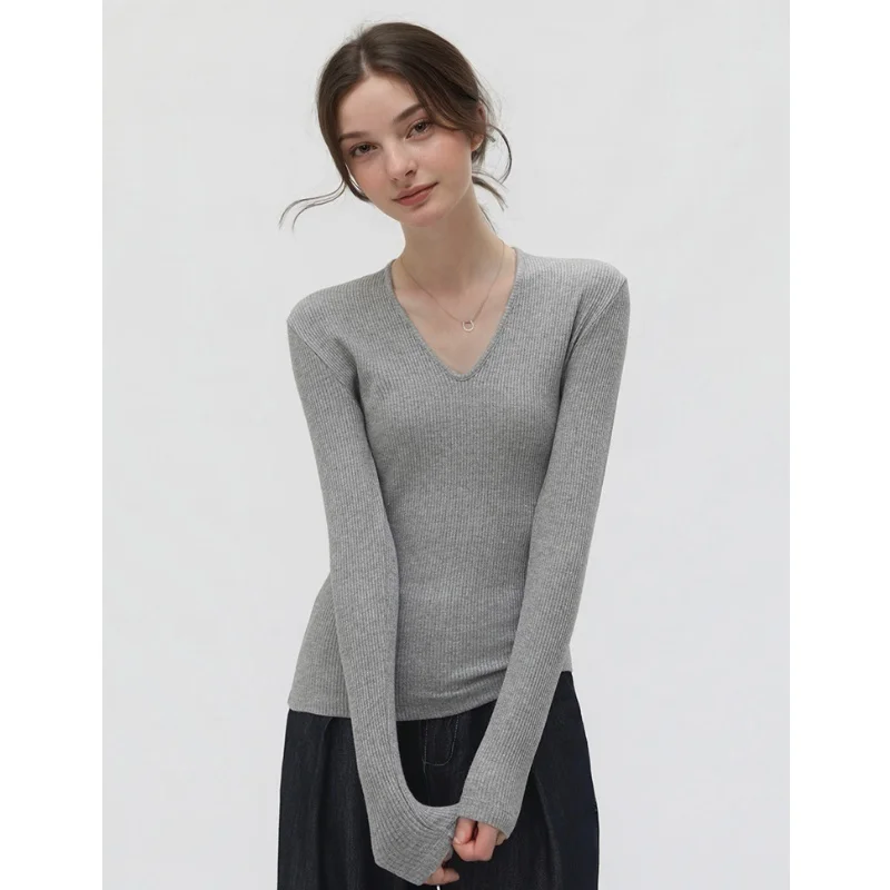 

Elastic Knitted Long Sleeve Rib T-shirt,Women Korean Elegant V-neck/Round Neck Slim Base Shirt,Bottoming Tops