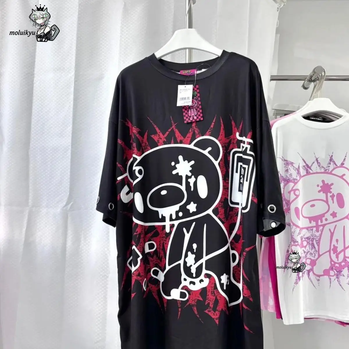 Y2K Japanese Dark Oversized Subculture Short-Sleeved T-Shirt Red Black Contrasting Colors Cartoon Printed Crew Neck Gothic Tops