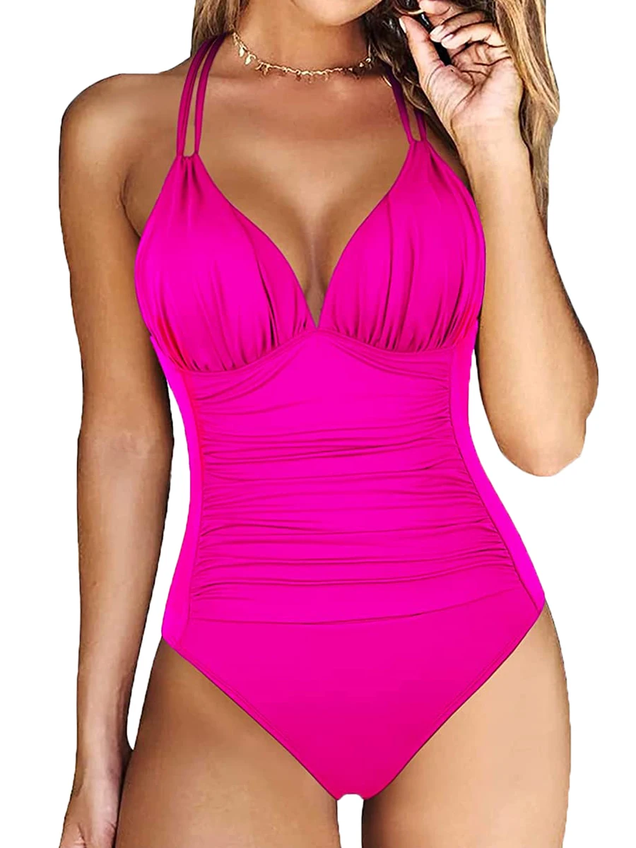 Halter Solid Ruched Swimsuit One Piece Monokini Swimwear Women Backless Bathers Bathing Suit Female Padded Beachwear Bodysuit