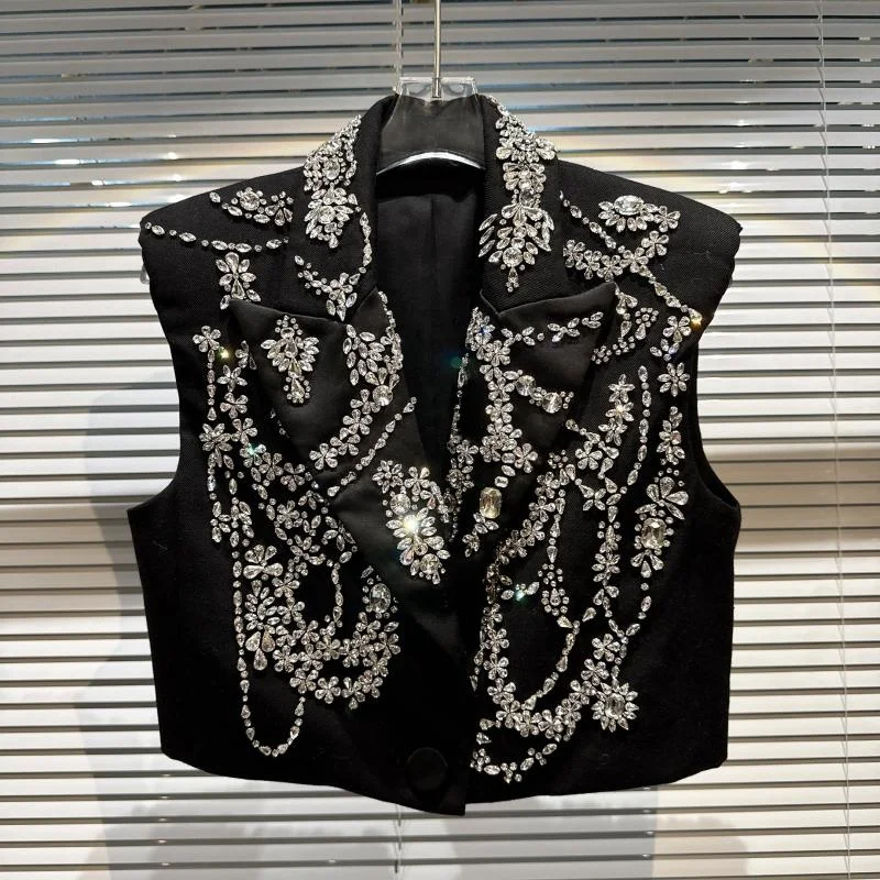 

BORVEMAYS 2024 Spring New Fashion Trend Coat Lapel Single Button Patchwork Diamonds Beading High Quality Vest Women WZ752