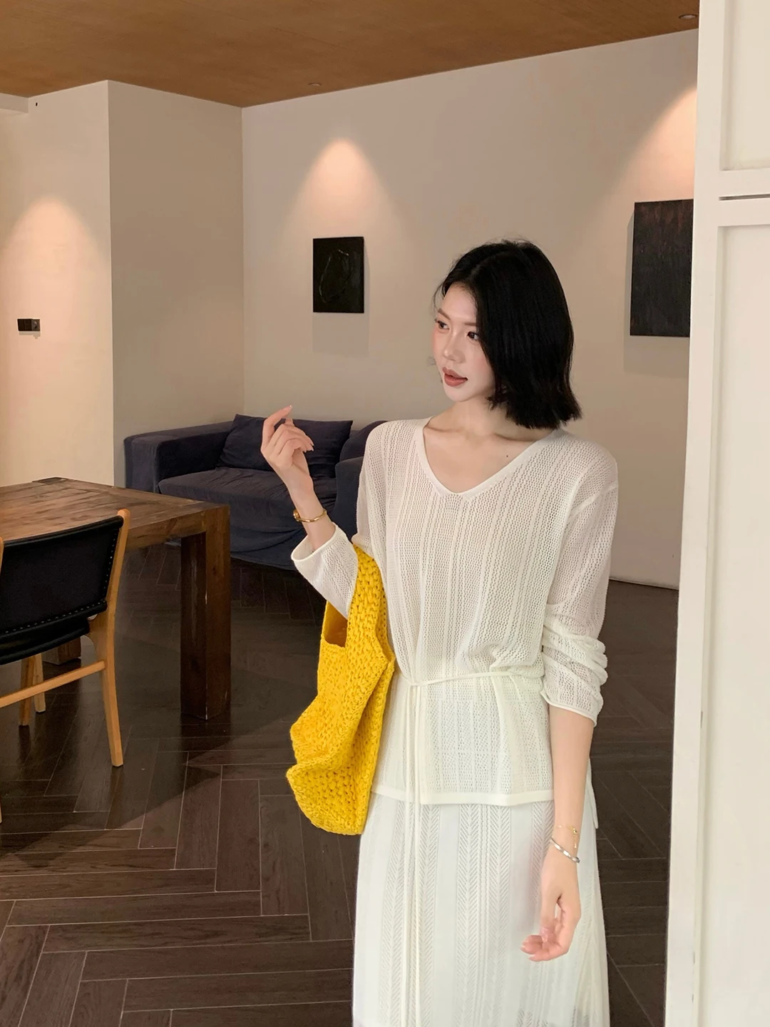 

Sweet And Spicy V-Neck Hollow Knitted Sweater And Half Skirt Lazy Feeling Spring Summer Casual Wear for Women Long Sleeve