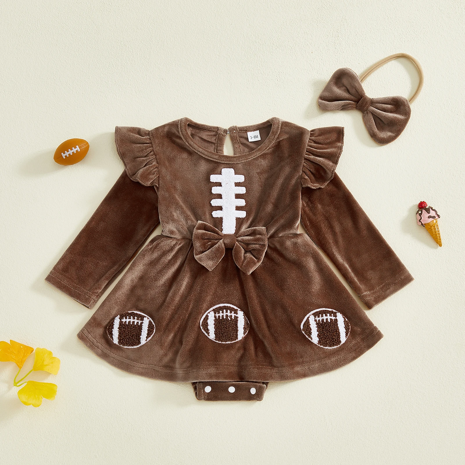 0-18M Newborn Infant Girl Outfit Long Sleeve Crew Neck Embroidery Rugby A-line Romper Dress with Bowknot Headband Clothes