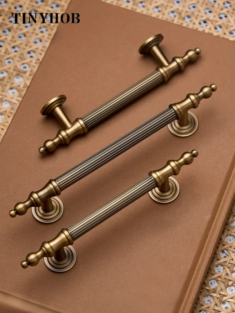 Vintage Antique Brass Drawer Pulls,Linear Vertical Striped Cabinet Handle,European Style Furniture Hardware for Kitchen Wardrobe