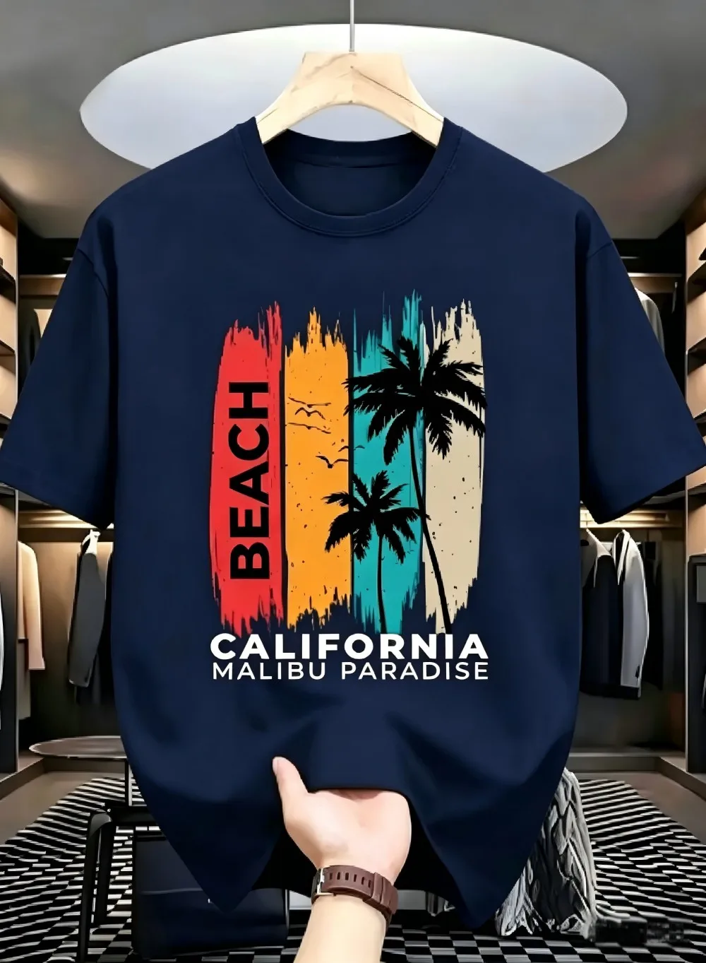 European and American men's summer vacation beach scenery print comfortable and breathable round neck T-shirt outdoor casual top