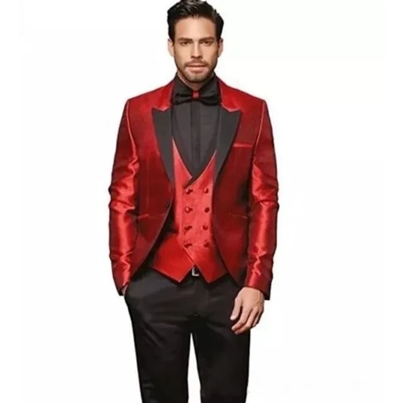 Traje de satén rojo hecho a medida para hombre, traje ajustado para novio de boda, traje de esmoquin de graduación, ropa de 3 piezas, chaqueta + Pantalones + chaleco, conjunto de Navidad