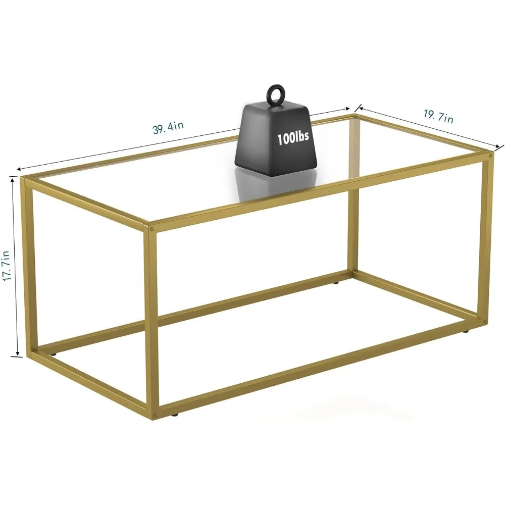 Gold Coffee Table Glass Coffee Tables Modern Rectangular Center Table Simple Minimalist Sofa Table for Living Room Home Office,