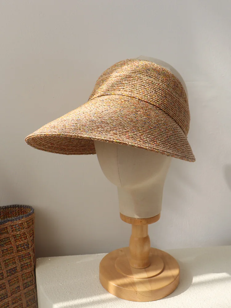 2026-ラフィー麦わら帽子女性の屋外日焼け防止ビーチ休暇抗紫外線ワイドつば弾性中空トップハットカジュアルスタイル