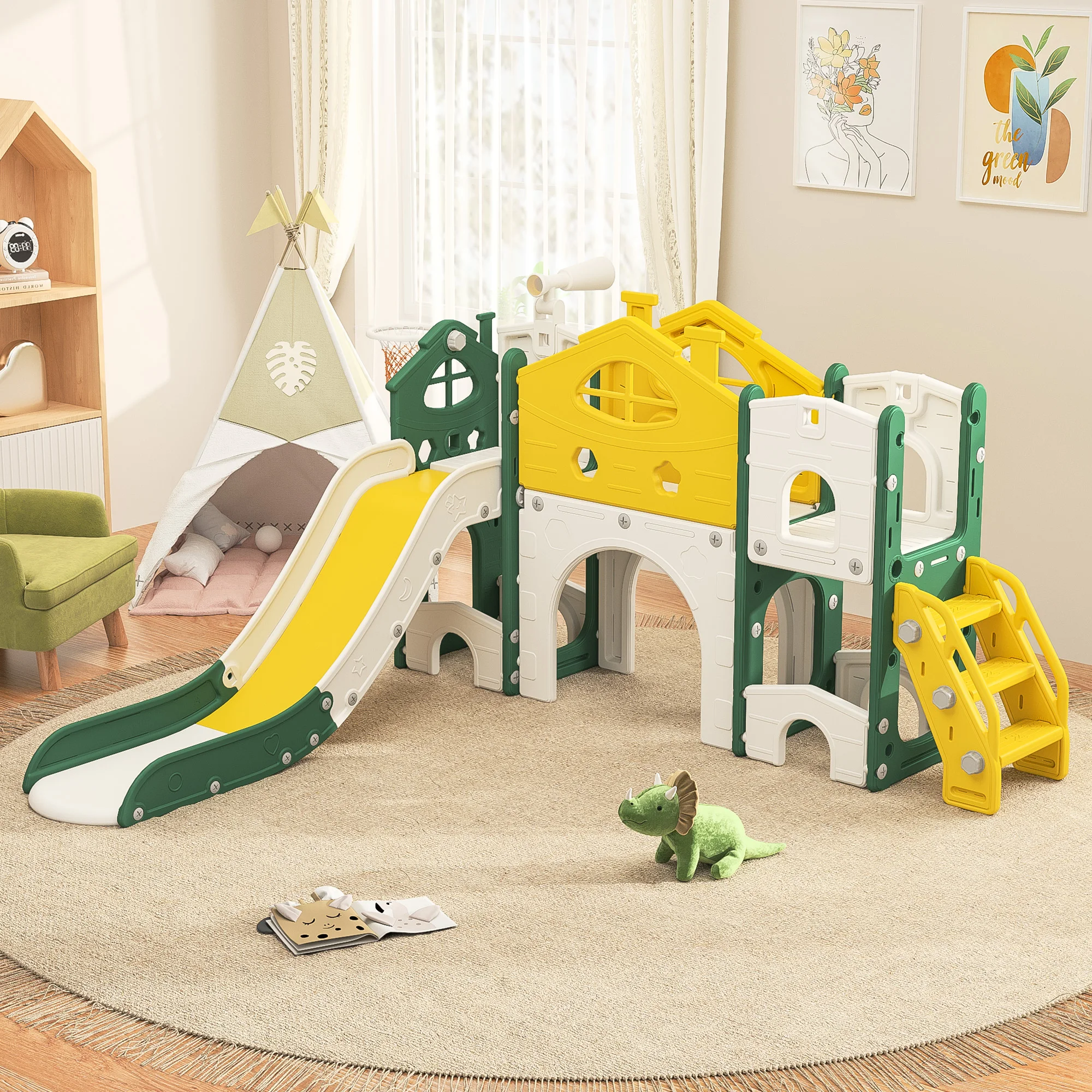 My Little Castle Slide Climbing Toy for Kids,7 in 1 Kids Slide,Telescope ,Small Window,Mini Basket,Climber,Storage Space,Tunnel