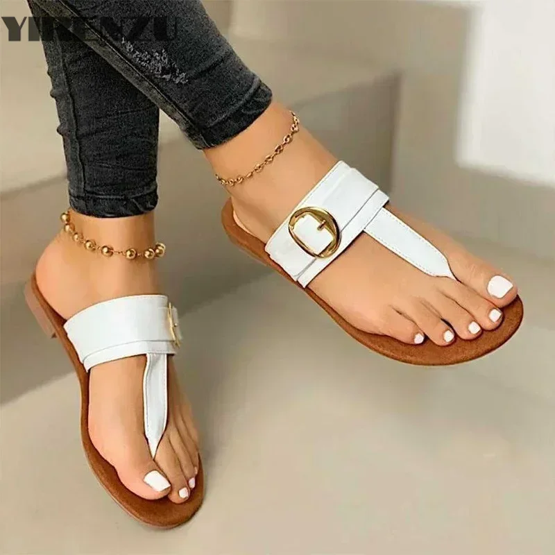 Women Slippers Clip Toe Flat Sandals Summer T Tied Ladies Shoes Beach Casual Woman Flip Flops Fashion Female PU Leather Footwear