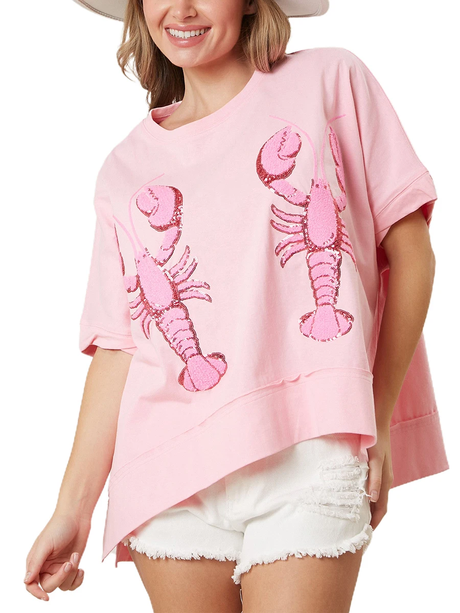 Women Sequin Crawfish Top Short Sleeve Sparkly Oversized Shirt High Low Hem Tshirts Summer Glitter Lobster Funny Tee Clubwear