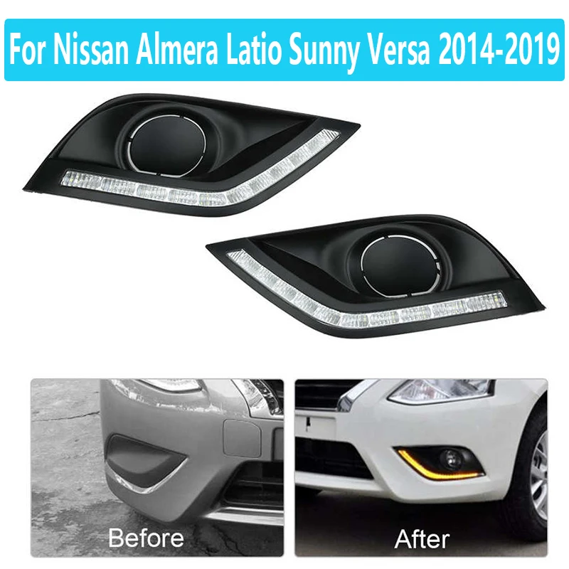 1Pair For Nissan Almera Latio Sunny Versa 2014-2019 LED DRL Daytime Running Light With Yellow Turn Signals Function