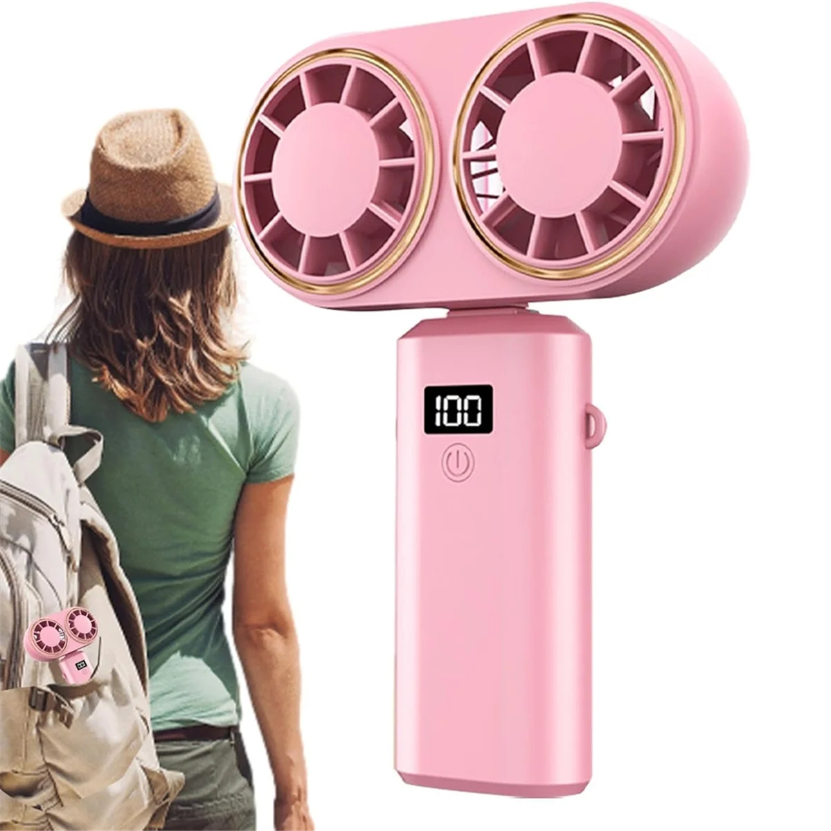 A52QПортативный ручной вентилятор с зарядкой через USB, двойной вентилятор, цифровой дисплей, перезаряжаемая батарея, розовый