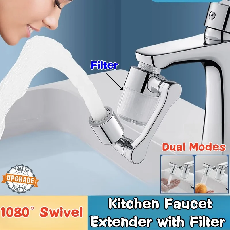 New Universal Kitchen Faucet Extender with Filter 2 Modes All Metal Swivel Bubbler Nozzle 1080° Rotate Filtered Faucet Extension