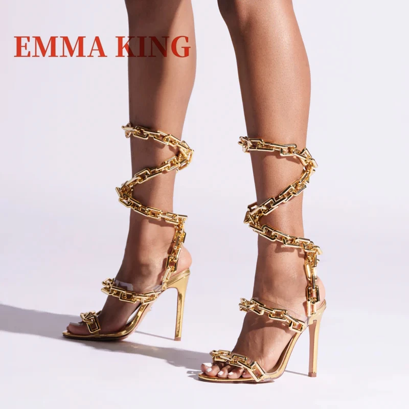 الذهب سلسلة الأشرطة النساء الصنادل عالية الكعب رقيقة الكاحل التفاف الصنادل سلسلة ربط Strappy أحذية موضة فستان الحفلات الصنادل الأحذية #3