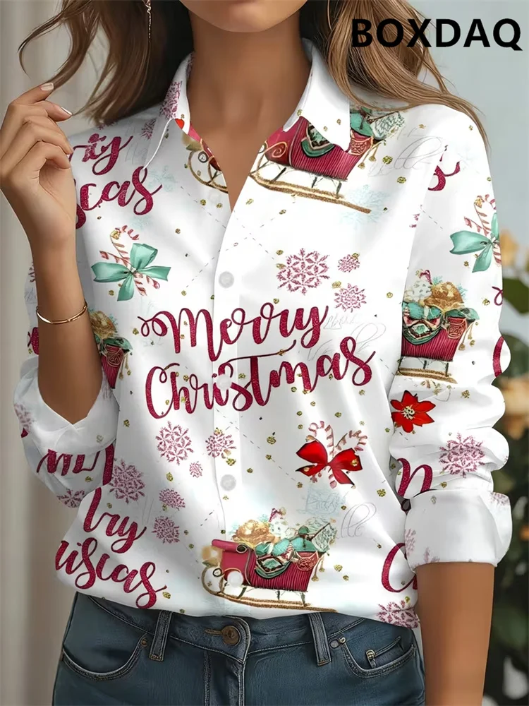 2027 Long Sleeved Lapel Button Women's Blouse Loose And Comfortable Christmas Themed Sled Pattern Printed Autumn/Winter Shirts