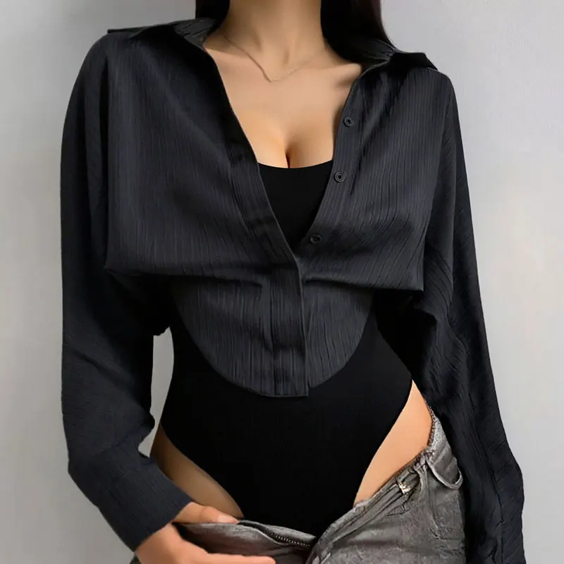 

Women's Black Chic Cropped Shirt & Bodysuit Set - Fashion-Forward, Sexy & Elegant Ensemble for Trendy Daily & Party Looks