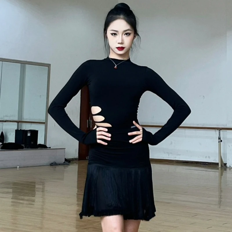 Black Latin Dance Dress Women Cutout Tops Fringe Skirt Cha Cha Rumba Samba Practice Dance Clothing Competition Dress DNV22121