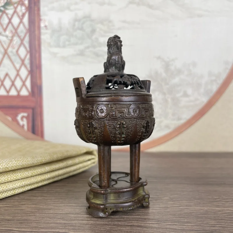 Antique Bronze -Legged Ornament, Retro Chinese Style Lion-Capped Censer with Base, Three-Piece Decorative Collection