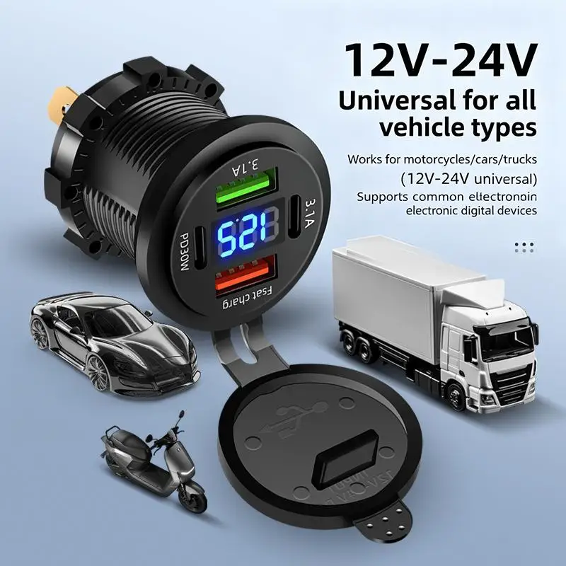 Car Charger Socket 4 Ports Dual TypeC USB Fast Charge Waterproof Automotive Charger Outlet for Smartphones Cameras GPS