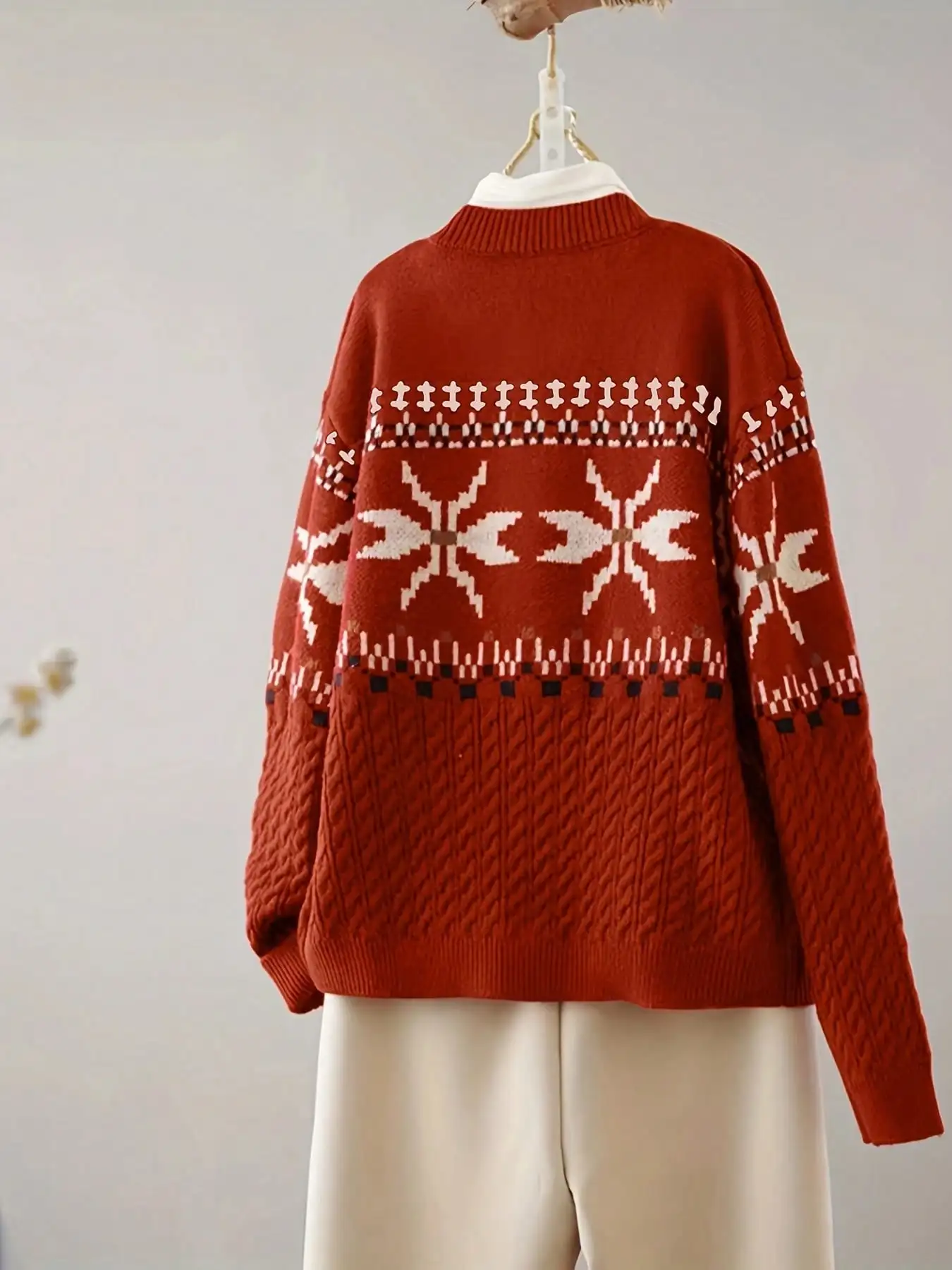 Plus Size Women's French Red V Neck Cardigan, Nordic Snowflake Jacquard Button Front Lazy Fit Fall Winter Knit Coat