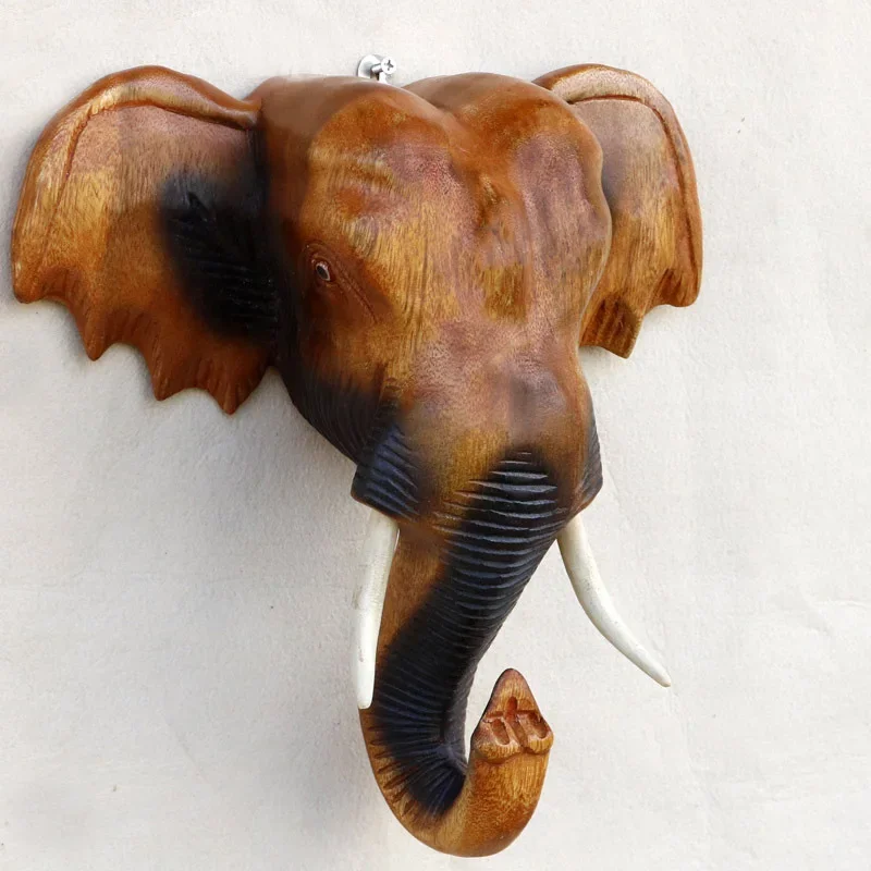 Solid Wood Elephant Head Sculpture Elephant Statue Wall Hanging Wood Animal Carved Wall Background Decor Living Room Decoration