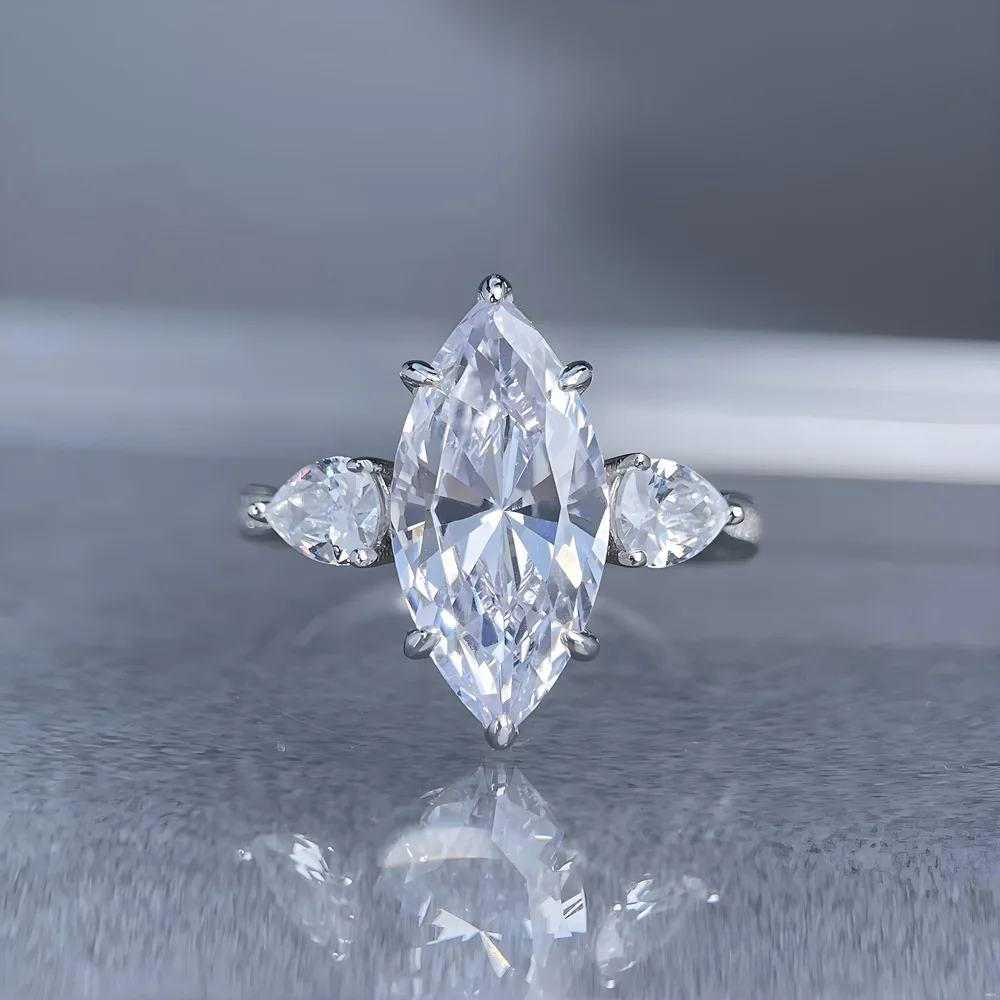 

S925 Серебро с родиевым покрытием 5CT D Цвет Шесть зубцов Маркиза Муассанит 8x16 мм Обручальное кольцо для женщин, изысканные ювелирные изделия