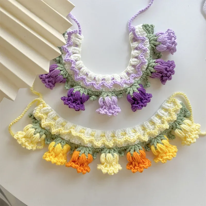 Pet Knitted Necklace Cat Dog Ins Knitted Scarf Pet Saliva Scarf Orchid Bell Flower Puppy Accessories Dog Collar Pet Supplies