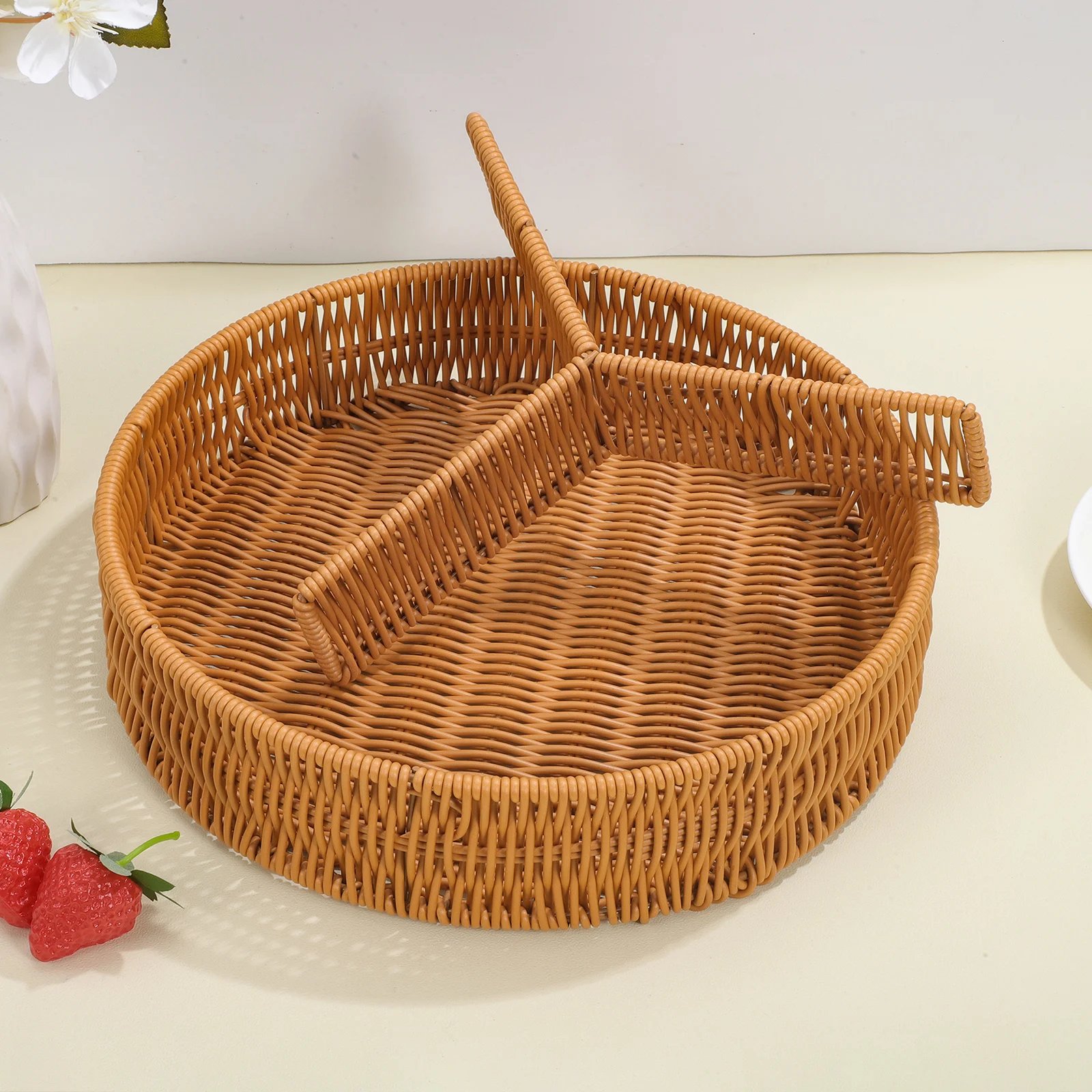 

Woven Baskets Imitation Rattan Storage Hand Brown Organizer Household Decorative Basket Fruit Snack Holder PE Material Sturdy