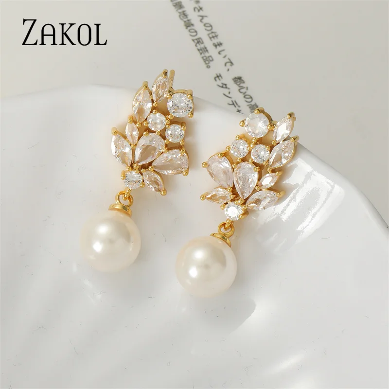 ZAKOL Fashion Round Imitation Pearl Pendant Earring for Women Shiny Crystal Zircon Flower Earrings Wedding Party Jewelry