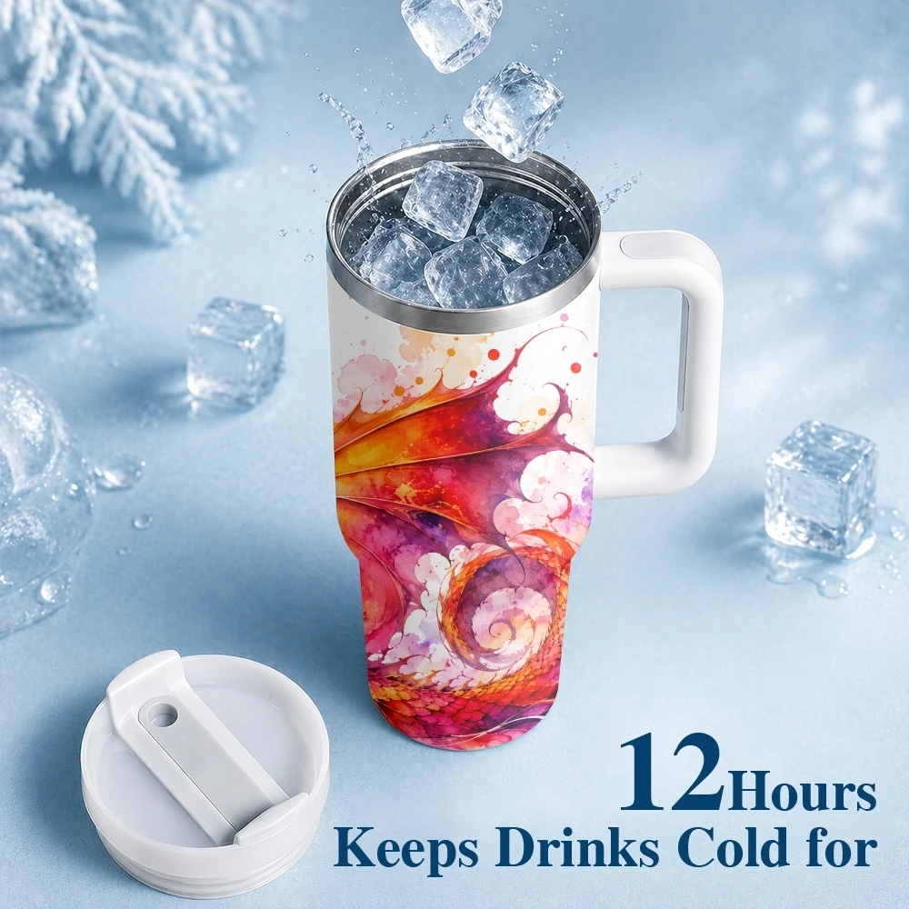 Colorful Graffiti Fashion Dragon Vacuum Flasks 40oz Stainless Steel Insulated Tumbler With Handle & Straw Leakproof Travel Mug