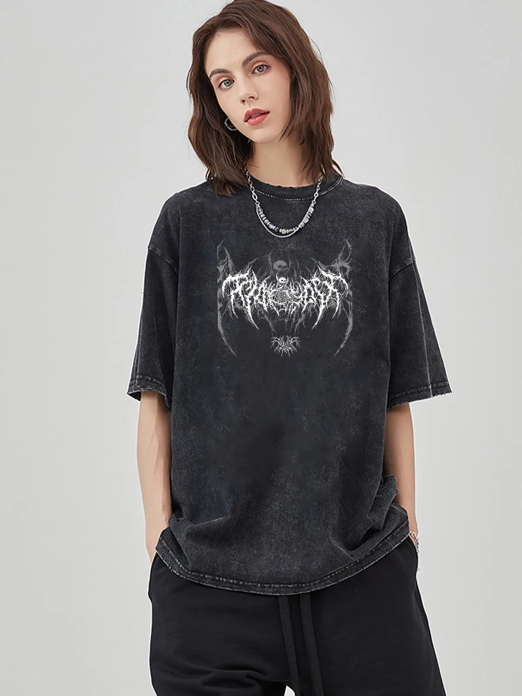 Y2k Harajuku Retro Säure T-Shirt Bedrucktes Muster T-Shirt Streetwear Sommer Reine Baumwolle Kurze Reine Baumwolle Gewaschen Schwarz Top Unisex – Detail 1