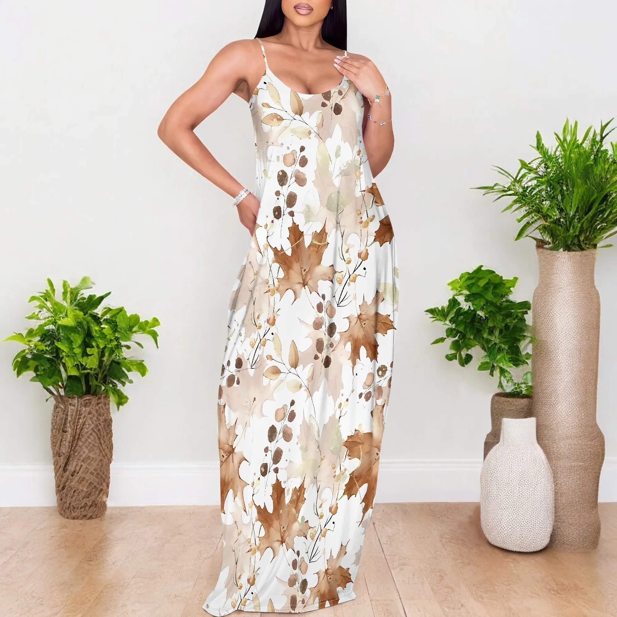 

EQQZD Sleeveless Round Neck Spaghetti Strap Maxi Dress, Vintage Leaf-Printed Dress with Pockets for Women's Summer Outings