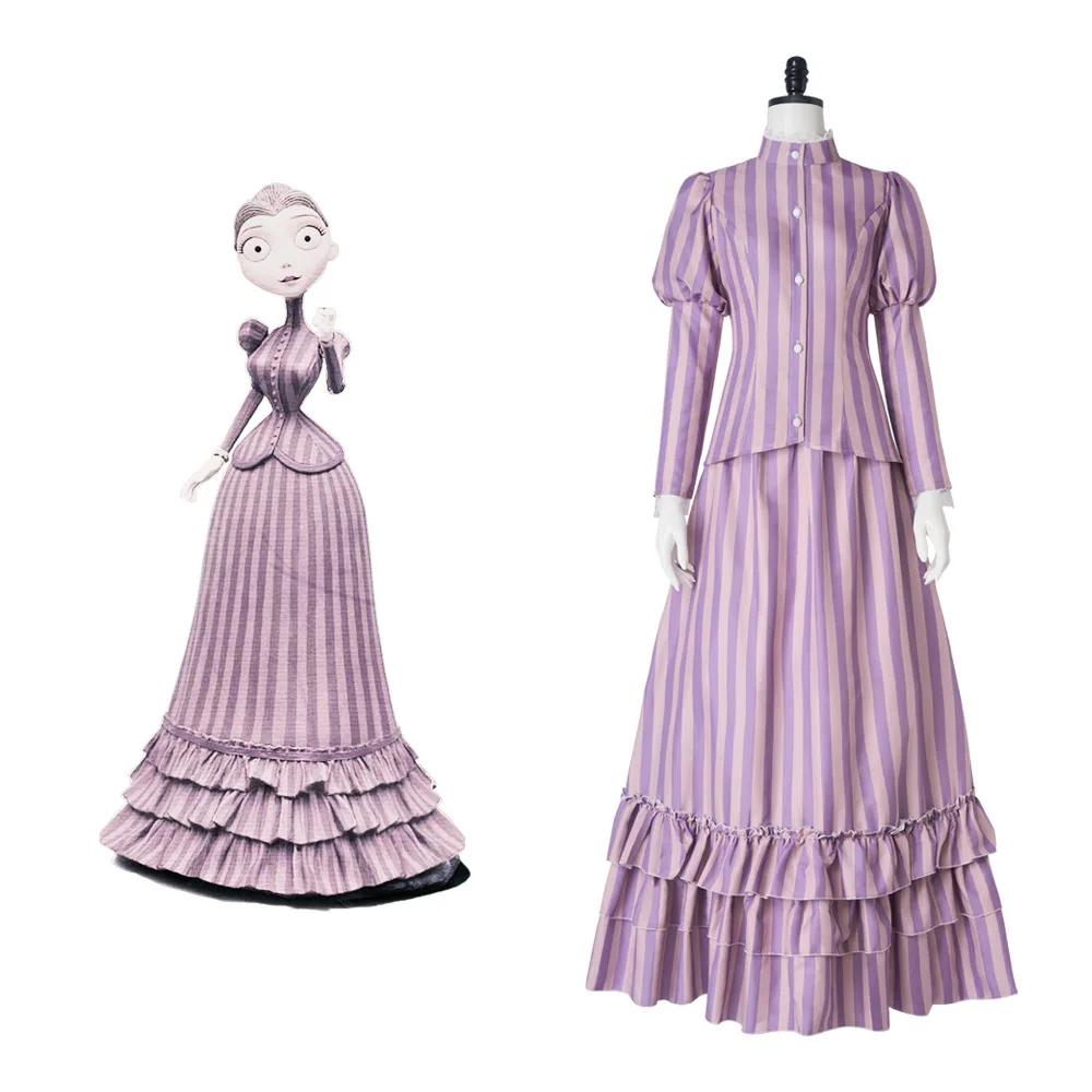 Disfraz de Emily de la novia cadáver, conjunto de 2 piezas con falda y top de rayas verticales moradas, vestido de Halloween, disfraz retro de estilo victoriano