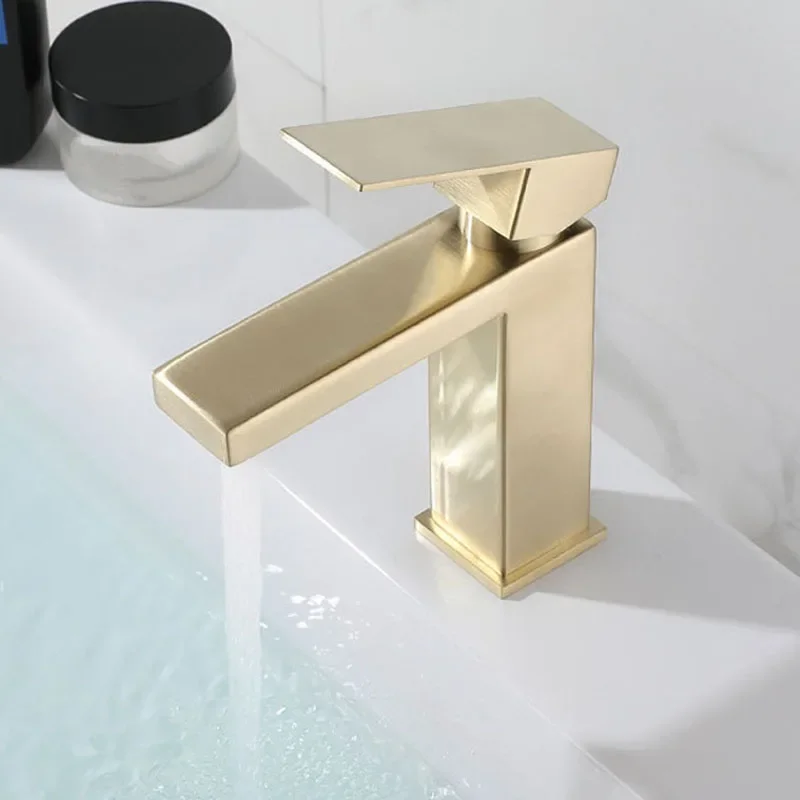 

Brushed Gold Square Basin Faucet Black Bathroom Deck Mounted Washbasin Mixer Tap Single Handle Hot Cold Mixer Tap Basin Tap