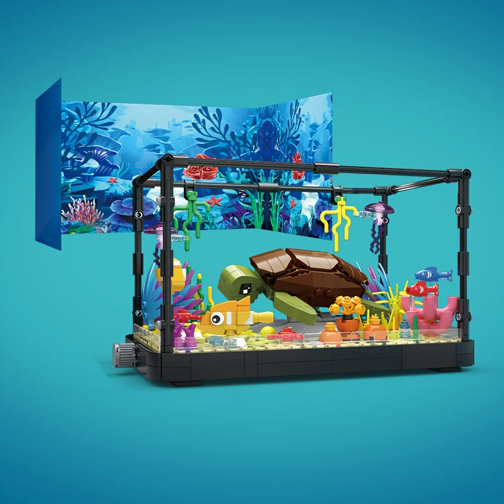 

753-piece turtle aquarium building set with colorful ocean scenes including ocean clownfish, manta rays, crabs and more