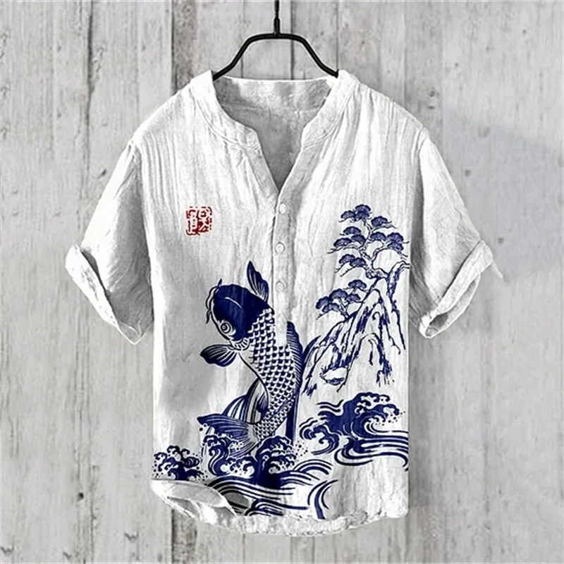 2024 Summer Men\'s V-neck Short Sleeve T-shirt Casual Print The Great Wave off Kanagawa Linen Blended Shirt