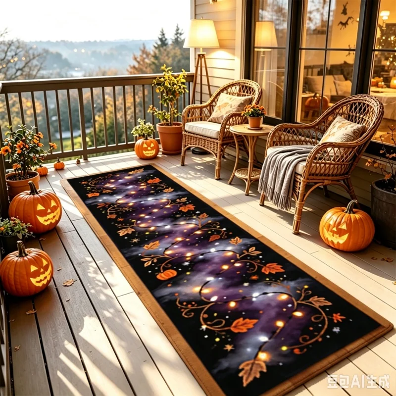 Halloween Pumpkin Vine Maple Leaf Glowing Light Print Runner Rug Non‑Slip Long Carpet Hallway Corridor Home Holiday Floor Decor